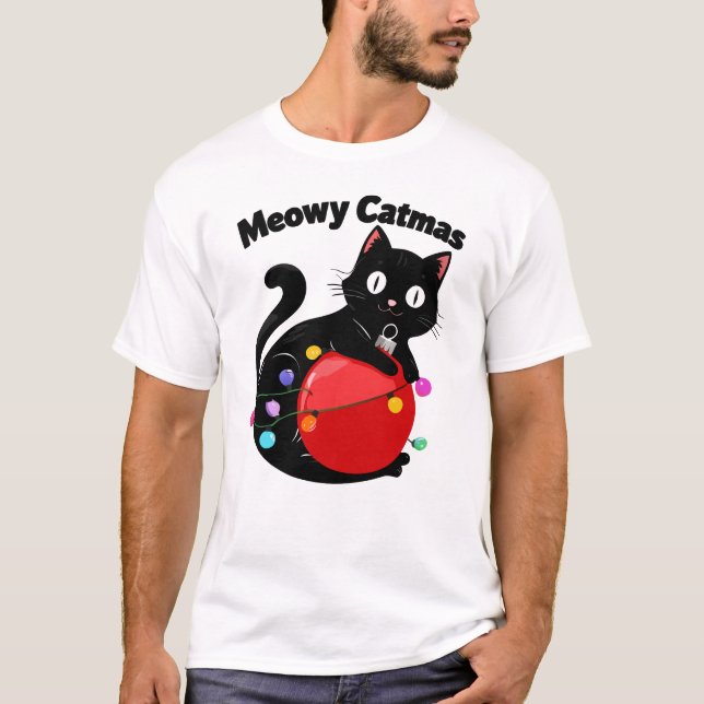 Camiseta Meowy Catmas - Gato com enfeite de Natal (Frente)
