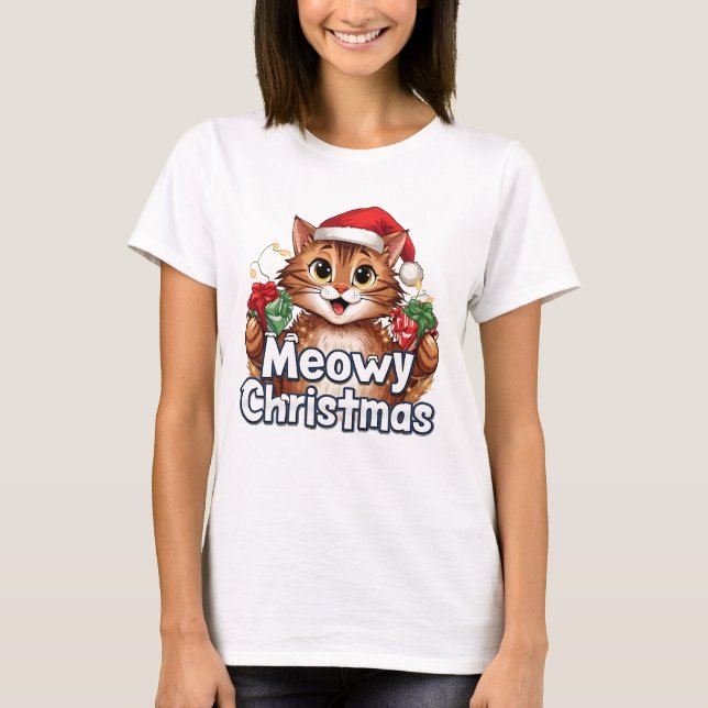 Camiseta Meowy Christmas Cat . Funny Holiday Tee (Frente)