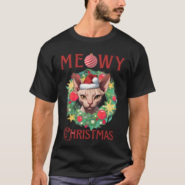 Camiseta Meowy Christmas Sphynx Cat Design (Frente)