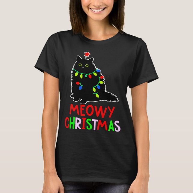 Camiseta Meowy Christmas Xmas Lights Black Cat Pajamas  (Frente)