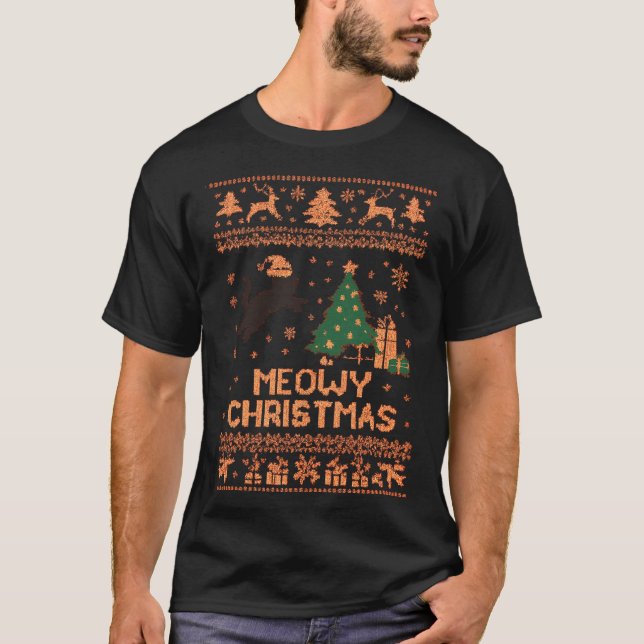 Camiseta Meowy Christmas Xmas Tree Cat Ugly Sweater Pajamas (Frente)