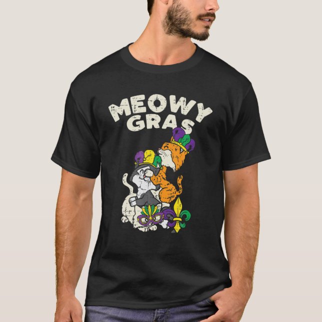 Camiseta Meowy Mardi Gras Engraçado Nola Cat Dono do Pão Mo (Frente)