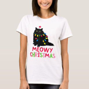 Camiseta Meowy Natal Luzes de Natal Preto Gato Pijama Fami