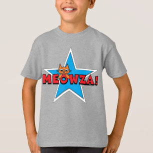 Camiseta MEOWZA! Gato Vermelho Branco e Azul da Criança