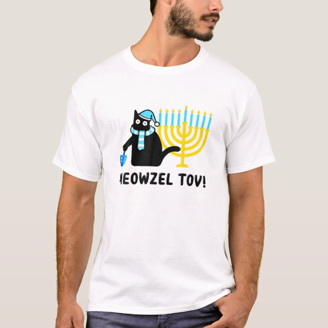 Camiseta Meowzel Tov Funny Hanukkah Black Cat Engraçado Jud (Frente)