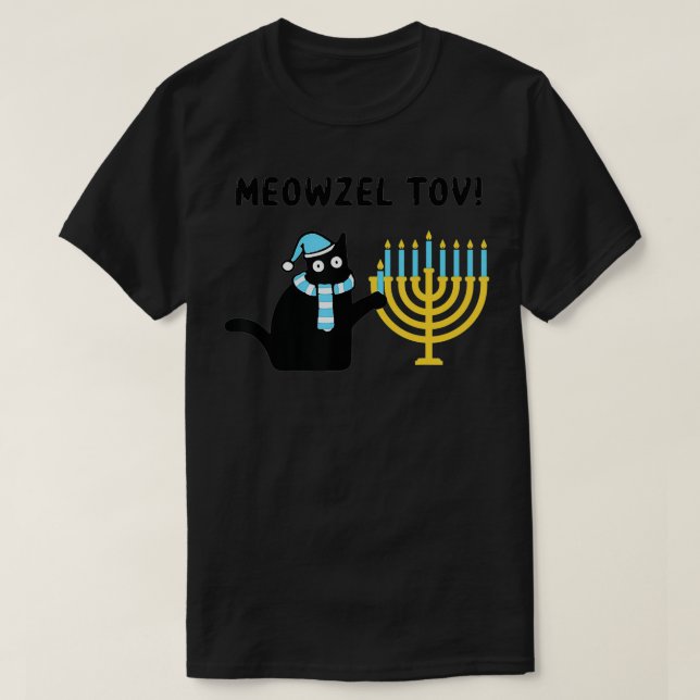Camiseta Meowzel Tov Gift Black Cat Mazel Tov Menorah Funny (Frente do Design)