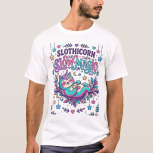 Camiseta Mercado Colorido de Magia Lenta Unicórnio Slothico