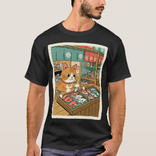 Camiseta Mercado de Peixes Gato Estilo Japonês Fofo