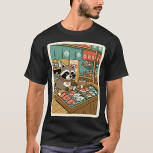 Camiseta Mercado de Peixes Guaxinim Fofo Estilo de Rua Japo