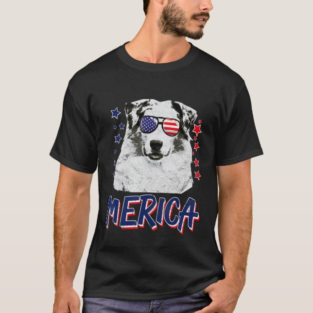 Camiseta Merica Australian Shepherd Dog 4th Of July Usa (Frente)
