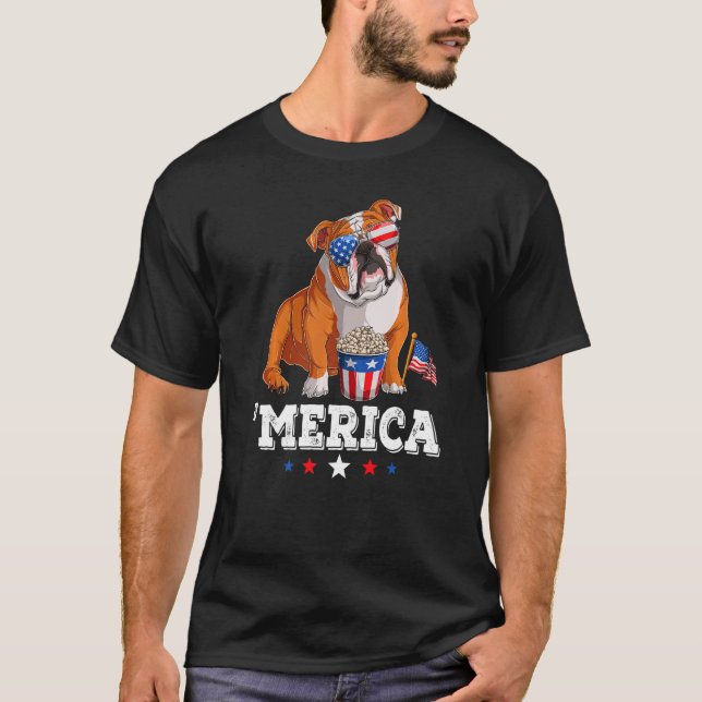 Camiseta Merica Bulldog 4 de julho EUA Flag Engli (Frente)