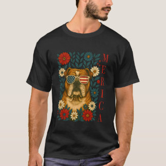 Camiseta Merica Bulldog Cachorro Óculos de Sol Bandeira EUA