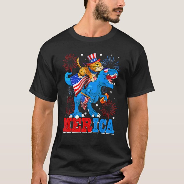 Camiseta Merica Cat  Rex America Flag Dinosaurs 4th Of July (Frente)