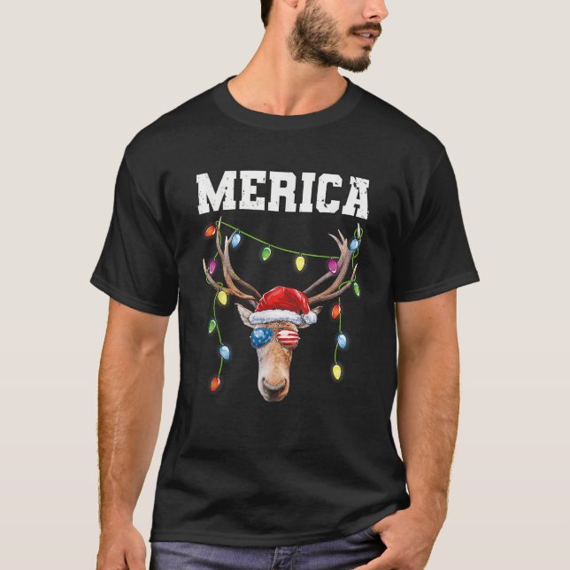 Camiseta Merica Christmas Santa Buck USA Flag Patriotic  (Frente)