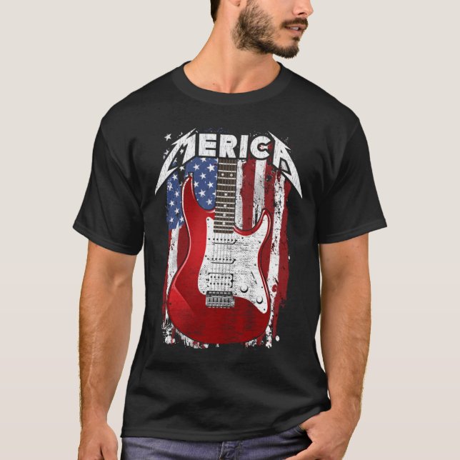 Camiseta Merica EUA Guitarrista Bandeira Americana (Frente)