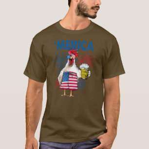 Camiseta Merica Funny Chicken com cerveja USA Flag 4th of