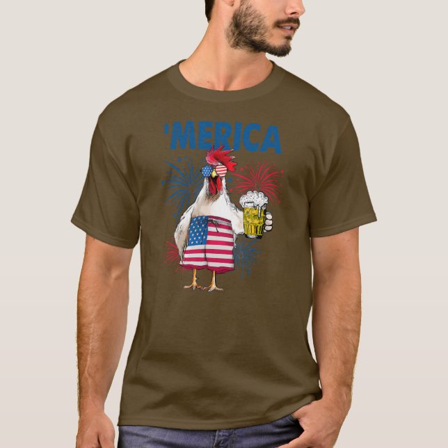 Camiseta Merica Funny Chicken com cerveja USA Flag 4th of (Frente)