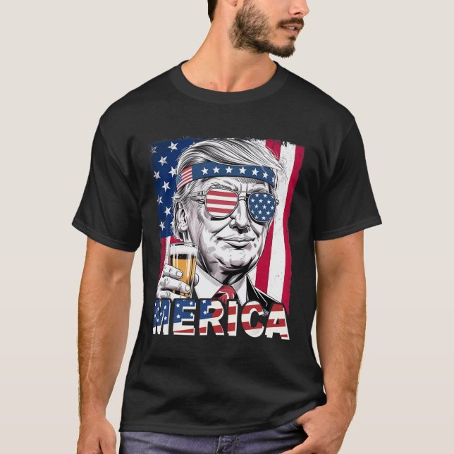 Camiseta Merica Funny Trump Men Cerveja Bebendo (Frente)
