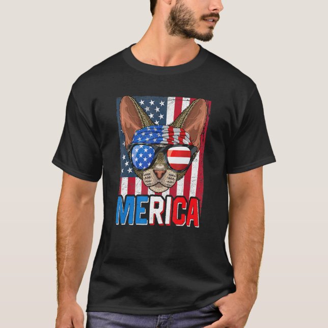 Camiseta Merica Gato Devon Rex 4 De Julho Bandeira American (Frente)