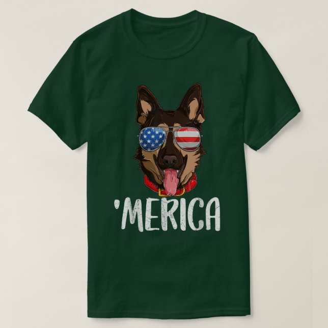 Camiseta Merica German shepherd Dog 4 de julho American Fl (Frente do Design)