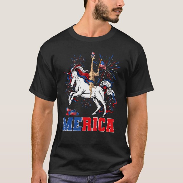 Camiseta Merica Giraffe Unicorn American Flag Feliz 4º De (Frente)
