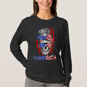 Camiseta Merica Messy Bun Skull 4 De Julho American Flag P