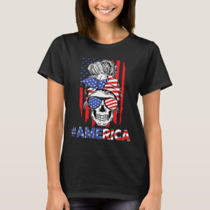 Camiseta Merica Messy Bun Skull 4 De Julho Bandeira America