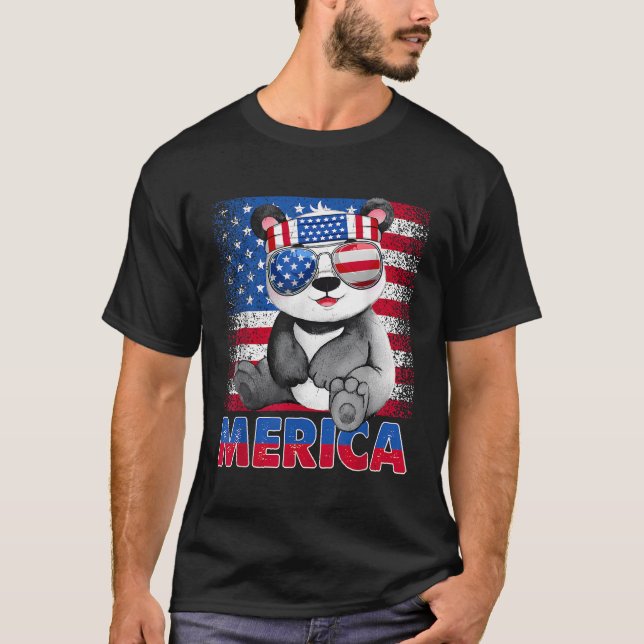 Camiseta Merica Panda Bear Com Bandeira Dos Eua 4º De Ju (Frente)