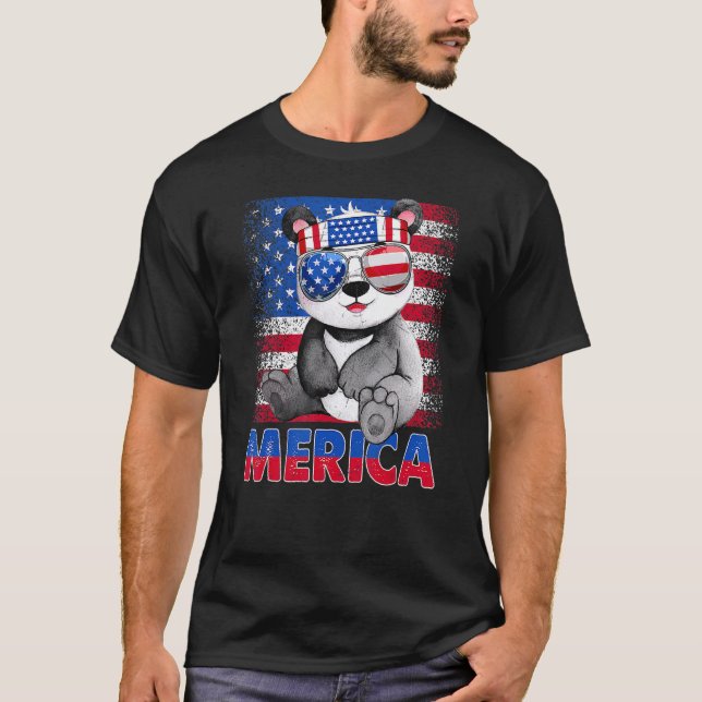 Camiseta Merica Panda Bear Com Bandeira Dos Eua 4º De Ju (Frente)