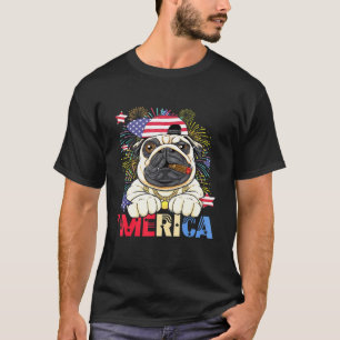 Camiseta Merica Pug USA Flag Boné Fireworks 4 De Julho Patr