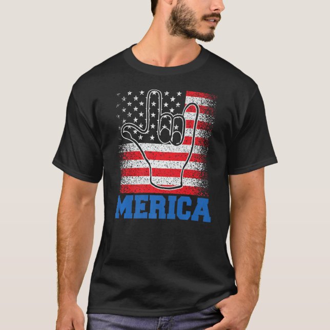 Camiseta Merica Rock Sign 4 de julho EUA Flag (Frente)