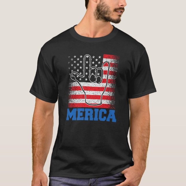Camiseta Merica Rock Sign 4 de julho EUA Flag (Frente)