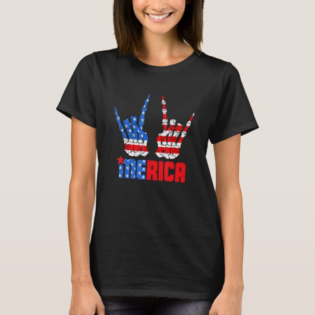 Camiseta Merica Rock Sinal 4 De Julho Patriótico Americano  (Frente)