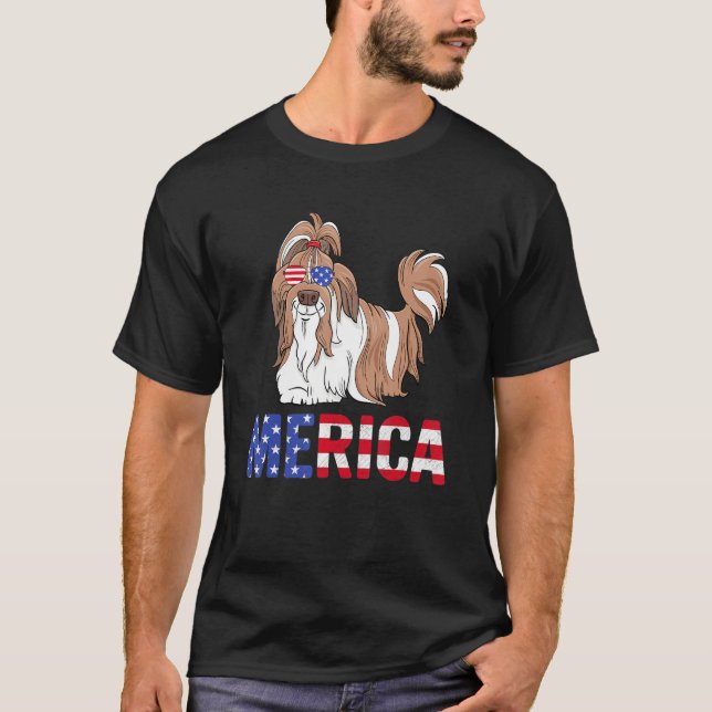 Camiseta Merica Usa Flag Shih Tzu Dog Sunglass Patriótico 4 (Frente)