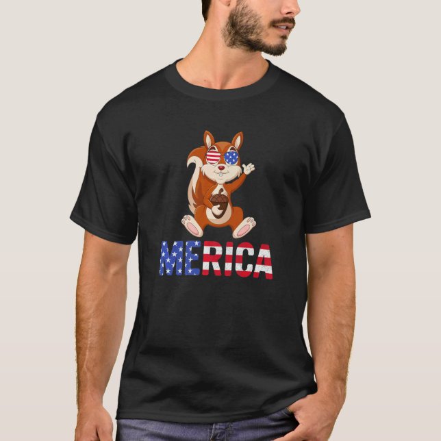 Camiseta Merica Usa Flag Squirrel Sunglass Patriótico 4º  (Frente)