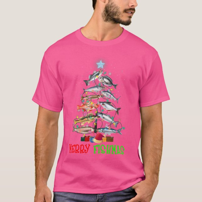Camiseta Merry A Fishmas Funny Christmas Tree Lights Fish F (Frente)