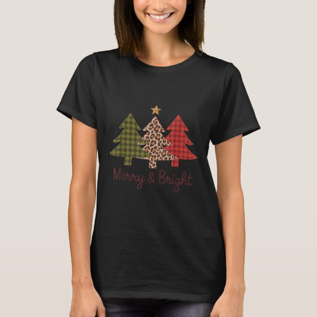 Camiseta Merry &amp; Bright Plaid Leopard Christmas Tree Xm (Frente)