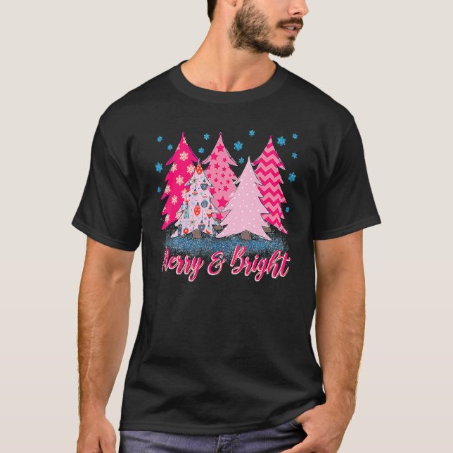 Camiseta Merry And Bright Pink Christmas Tree Pink Christma (Frente)