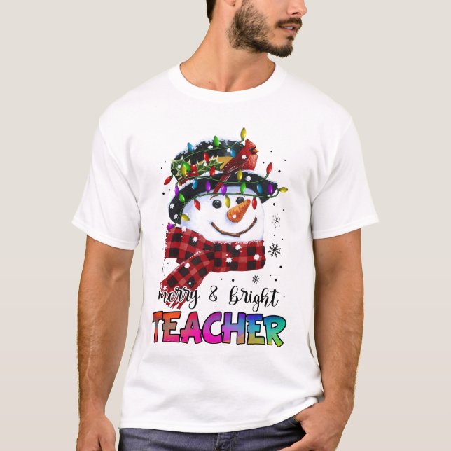 Camiseta Merry And Bright Teacher Snowman Christmas Light (Frente)