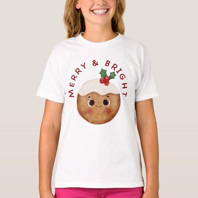 Camiseta Merry & Bright Cute Christmas Pudding  (Frente)