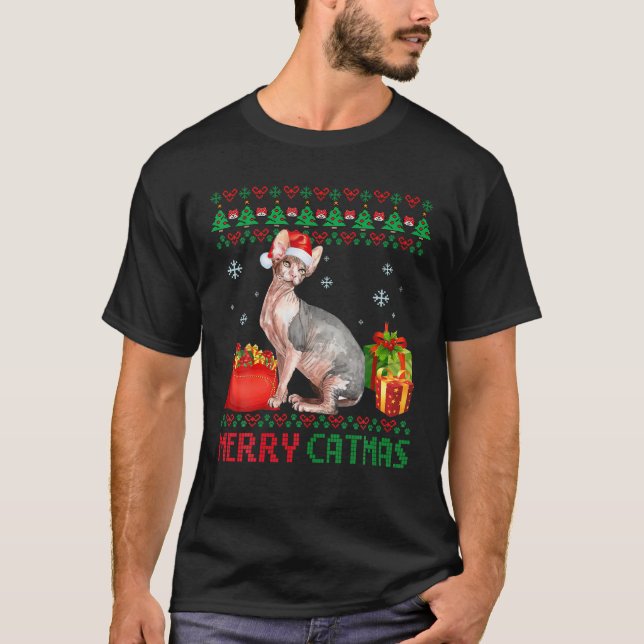 Camiseta Merry Catmas Cat Ugly Christmas Sphynx Mom Dad (Frente)