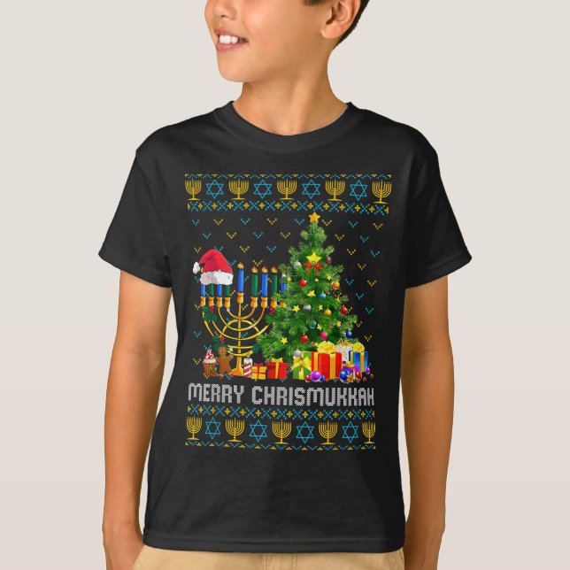 Camiseta Merry Chrismukkah Happy Hanukkah Ugly Sweater Fami (Frente)