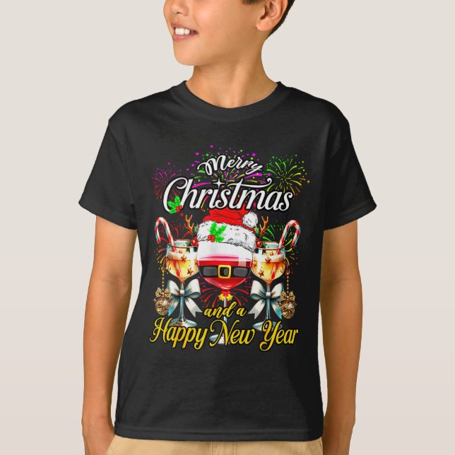 Camiseta Merry Christmas And A Happy New Year Firework Wine (Frente)