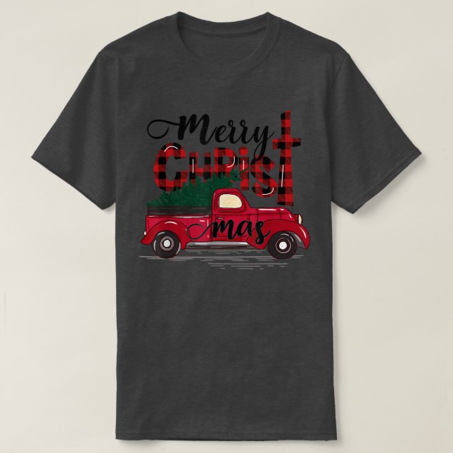 Camiseta Merry Christmas Buffalo Plaid Red Truck Christian  (Frente do Design)
