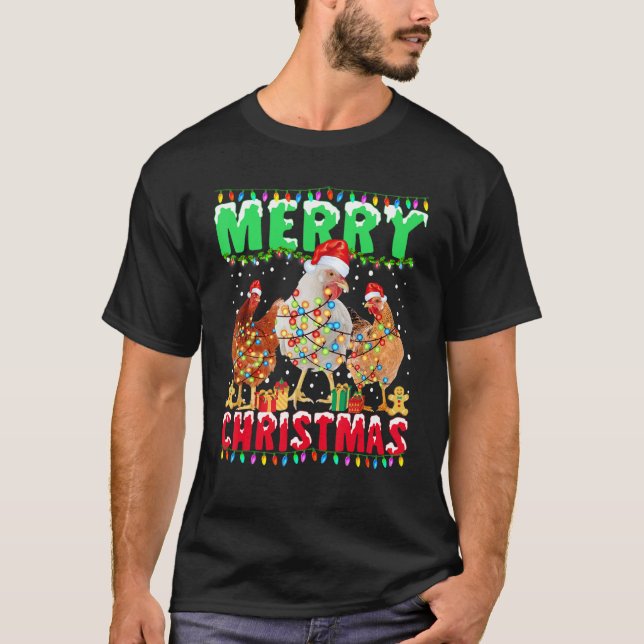 Camiseta Merry Christmas Chicken  Santa Hat Lights  Xmas 1 (Frente)