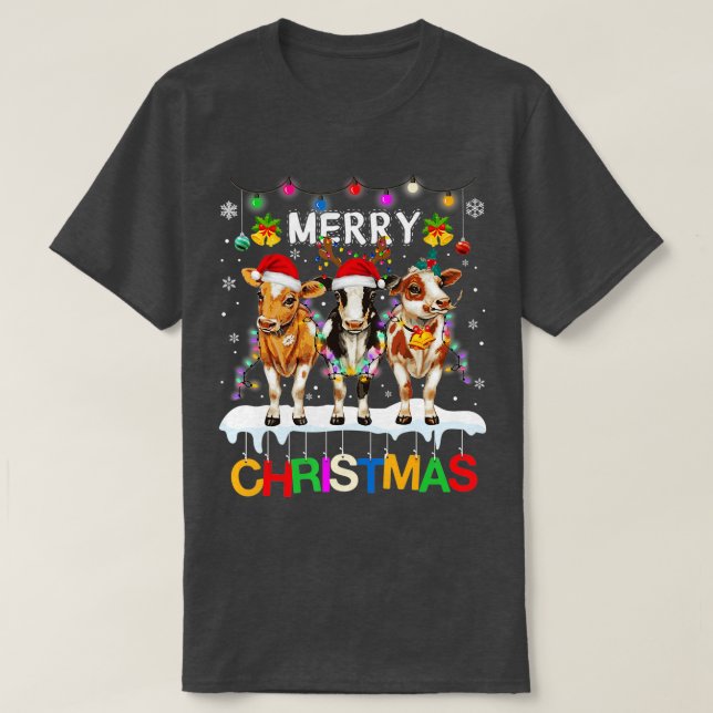 Camiseta Merry Christmas Cow Shirt Farmer Santa Hat Xmas Li (Frente do Design)