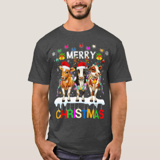 Camiseta Merry Christmas Cow Shirt Farmer Santa Hat Xmas Li