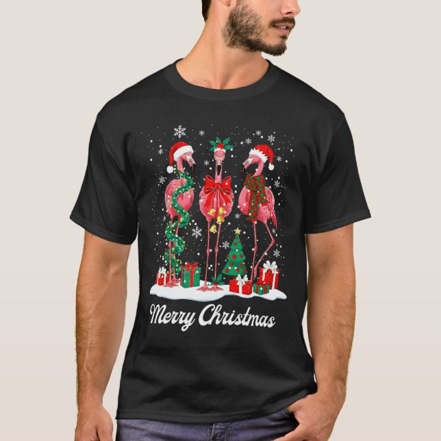Camiseta Merry Christmas Flamingo Santa Hat Christmas Light (Frente)
