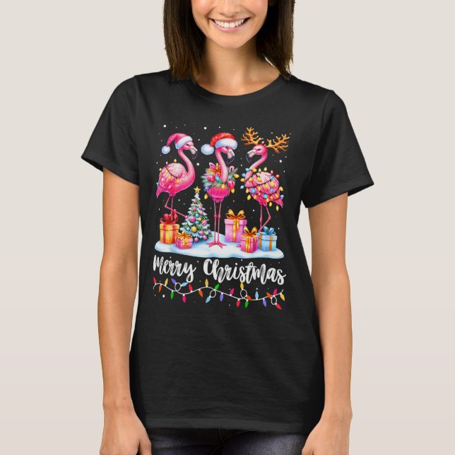 Camiseta Merry Christmas Flamingo Santa Hat Xmas Pajamas Ho (Frente)