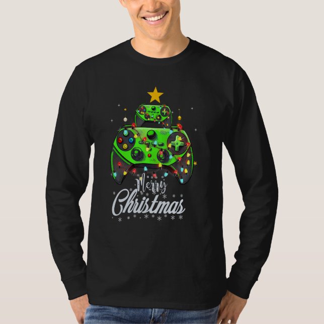 Camiseta Merry Christmas Game Controller Tree Kid Adult Lig (Frente)